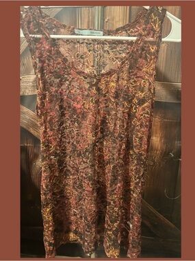 Maurices Brown Lace Floral Overlay Tank with Red and Gold Accents